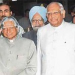 Outgoing President APJ Abdul Kalam with Speaker Somnath Chatterjee and Prime Minister Manmohan Singh before a farewell function organised at Parliament House in New Delhi on July 23, 2007.