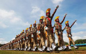 Paramilitary soldiers march at a parade during Independence Day celebrations in Agartala.