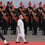 Prime Minister Narendra Modi reviews a guard of honour during the 70th Independence Day function at the historic Red Fort in New Delhi