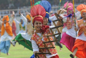 School students performing during the 69th Independence Day function at Guru Nanak Stadium in Ludhiana