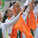 School students performing during the 69th Independence Day function at Guru Nanak Stadium in Ludhiana