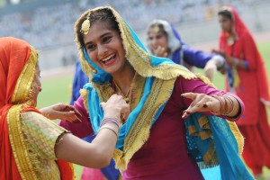 School students performing giddha during the 69th Independence Day function at Guru Nanak Stadium in Ludhiana