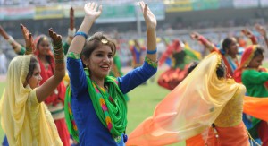 School students performing giddha during the 69th Independence Day function at Guru Nanak Stadium in Ludhiana