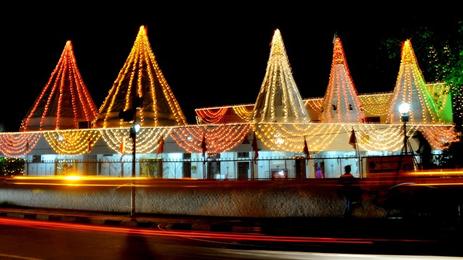 A Hindu temple bedecked with lights on the eve of Janmashtami, a festival that marks the birth anniversary of the Hindu God, in Chandigarh on September 4, 2015