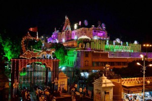 A view of the lighting at Shri Krishna Janmbhoomi temple on the eve of Janmashtami, a festival that marks the birth anniversary of the Hindu God, in Mathura on September 5, 2015