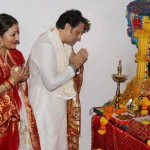 Bollywood actor Govinda and his family offer prayers to the elephant-headed Hindu god Lord Ganesh during the Ganesh festival in Mumbai on September 18, 2015
