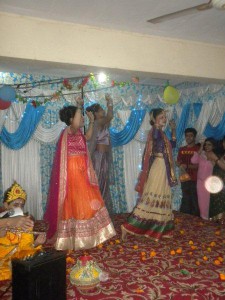 Girls dressed as Gopis performing a dance item on the occasion of Janmashtami celebrations at Cosy Apartments, Sector 9, Rohini, New Delhi