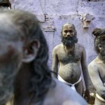 Sadhus, or Hindu holy men, wait during a procession before taking a dip in a holy pond during the second ‘Shahi Snan’ (grand bath) at Kumbh Mela, or Pitcher Festival, in Trimbakeshwar on September 13, 2015
