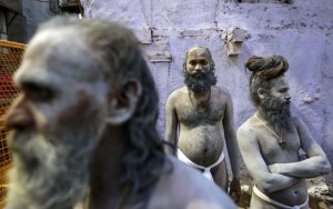 Sadhus, or Hindu holy men, wait during a procession before taking a dip in a holy pond during the second ‘Shahi Snan’ (grand bath) at Kumbh Mela, or Pitcher Festival, in Trimbakeshwar on September 13, 2015