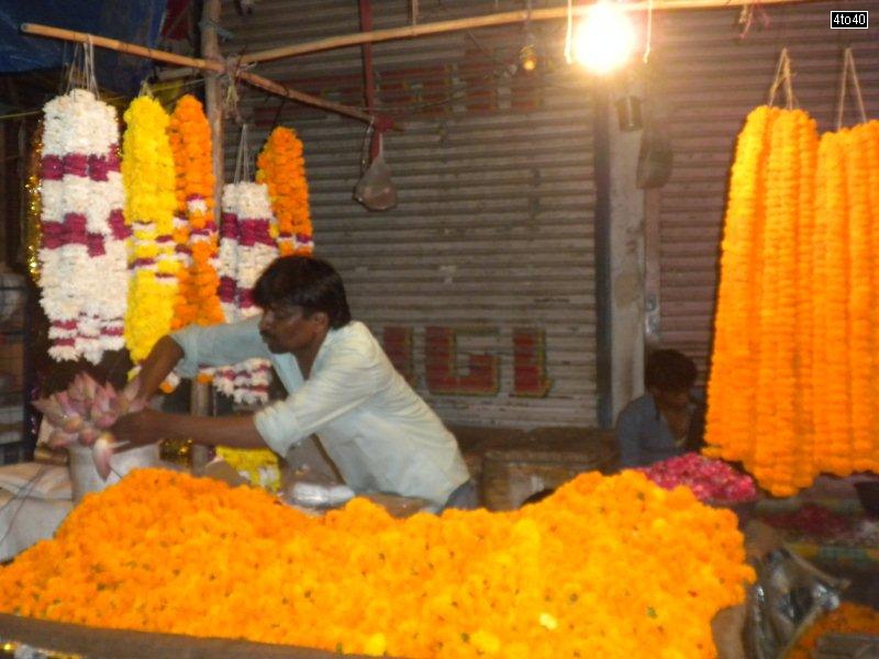 A flower shop in Razapur Market, Rohini, New Delhi on the evening of Navratri