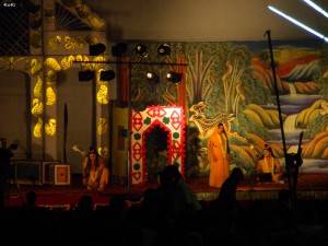 Artists dressed as Lord Rama, Sita and Lakshmana performing on Ramlila Stage at Sector 11, Rohini, New Delhi