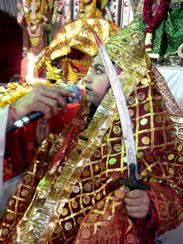 Child dressed as Maa Sherwali at a Mata Ki Chowki event in Rohini, New Delhi