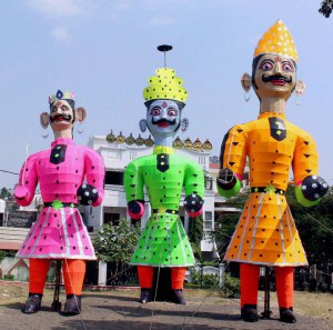 Effigies of demon King Ravana, Kumbhkaran and Meghnaad at Bhopal on October 20, 2015, ahead of the Hindu festival of Dussehra
