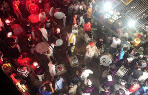 Indian band performers play music during a ‘Ravan ki Barat’ religious procession held to mark the forthcoming Dussehra festival in Allahabad on September 26, 2016.