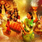 Painting depicting people celebrating at Durga Puja Pandal