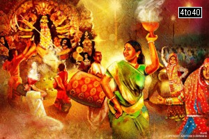 Painting depicting people celebrating at Durga Puja Pandal