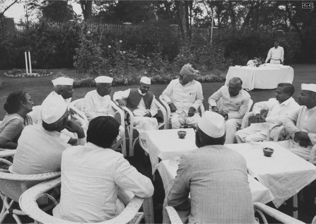 Prime Minister Lal Bahadur Shastri having tea on residence lawn with State of Rajasthan Parliamentary members