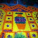 Rangoli made using flowers at a Durga Puja venue in Gurgaon