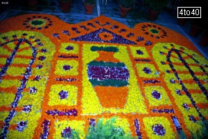 Rangoli made using flowers at a Durga Puja venue in Gurgaon