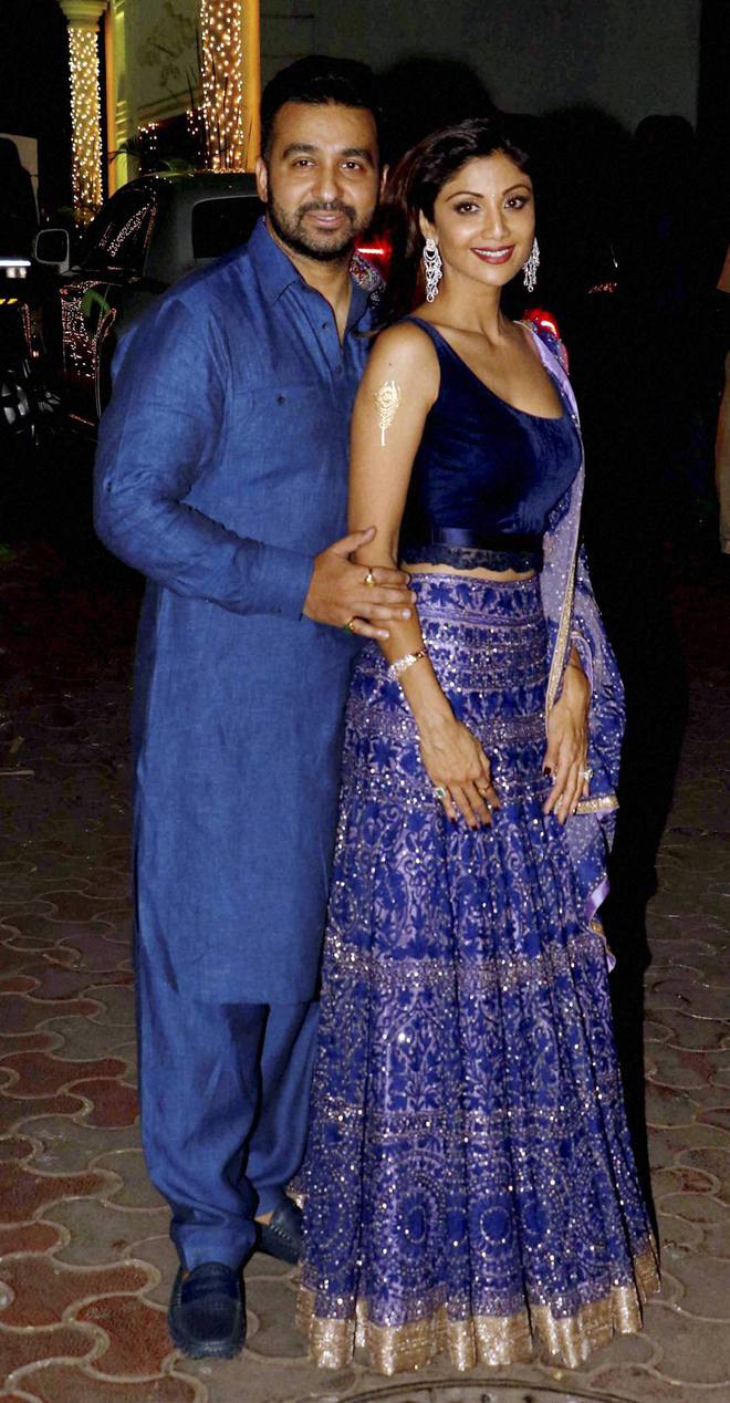 Bollywood actor Shilpa Shetty with her husband Raj Kundra during her Diwali bash in Mumbai