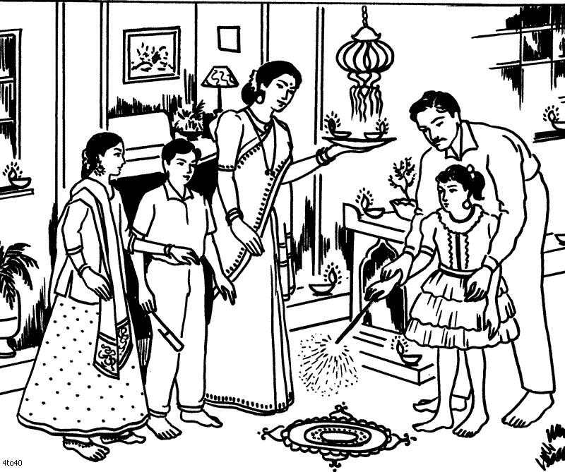 Hindu family celebrating Diwali and bursting crackers