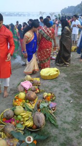 Performing of morning puja to Surya on the bank of Yamuna