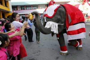 Children receive a puppet thrown by an elephant as they attend a Christmas festival in a primary school in Ayutthaya, Thailand, on December 24, 2015