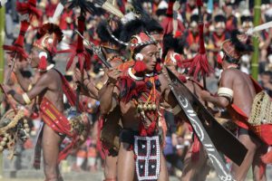 Naga tribe members perform on the third day of the annual Hornbill Festival at Kisama, some 15 km from Kohima, Nagaland, on December 3, 2016.