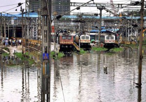 Trains stranded at a railway station as incessant rain causes flooding on tracks in Chennai on December 2, 3015.
