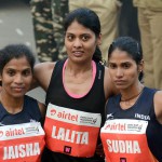 Winners of Airtel Delhi Half Marathon 2015 in Indian women category, (from left) OP Jaisha (second place); Lalita Babbar (first place); and Sudha Singh (third place) pose for a photograph in New Delhi on November 29, 2015.