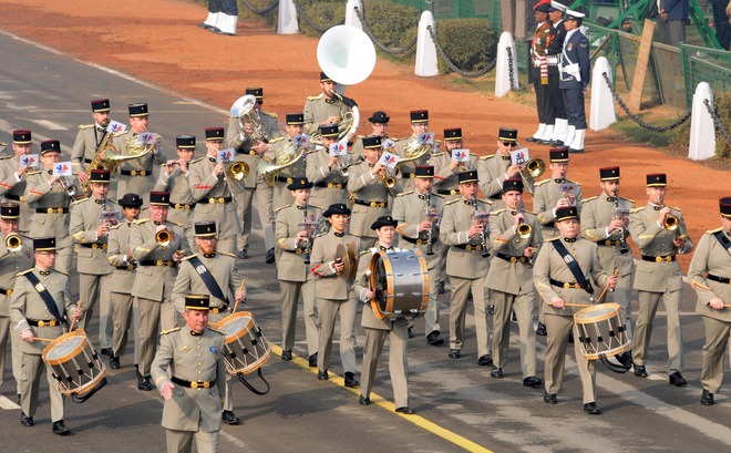 A French army band marches down Rajpath during the full dress rehearsal of the Republic Day parade, in New Delhi on January 23, 2016
