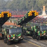 A multi-barrel missile system drives past during the full dress rehearsal for the Republic Day parade in New Delhi on January 23, 2016