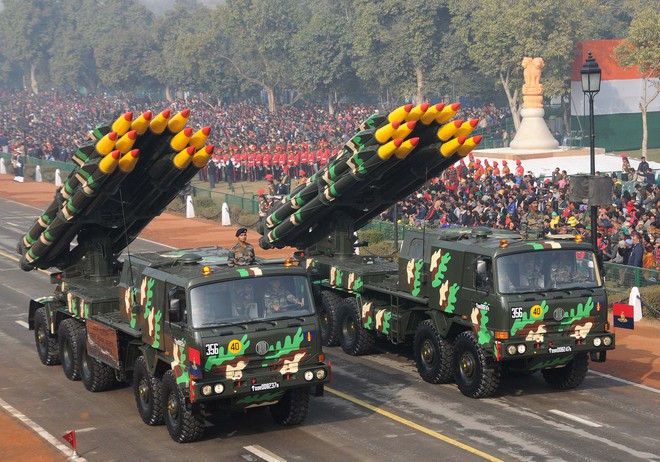 A multi-barrel missile system drives past during the full dress rehearsal for the Republic Day parade in New Delhi on January 23, 2016