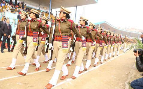 A police contingent presents a march past at the Multipurpose Sports Stadium in Bathinda