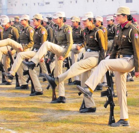A woman contingent of the Punjab Police during a rehearsal for the Republic Day Parade at the Guru Nanak Stadium in Amritsar
