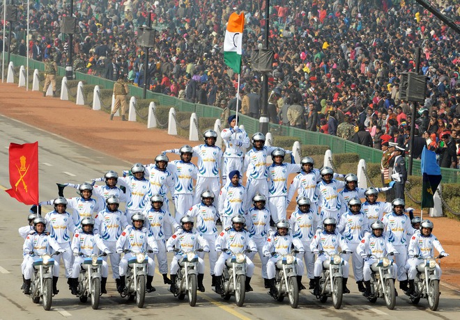 Army daredevils display their skills on motorcycles during the full dress rehearsal of the Republic Day parade in New Delhi on January 23, 2016