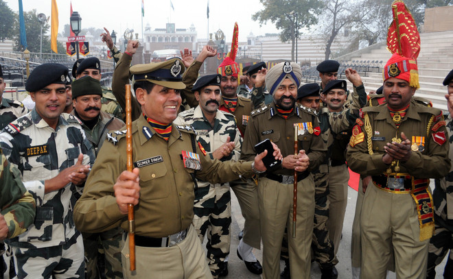 BSF jawans celebrating the Republic Day at the Attari Wagah joint check post to mark the 67th Republic Day