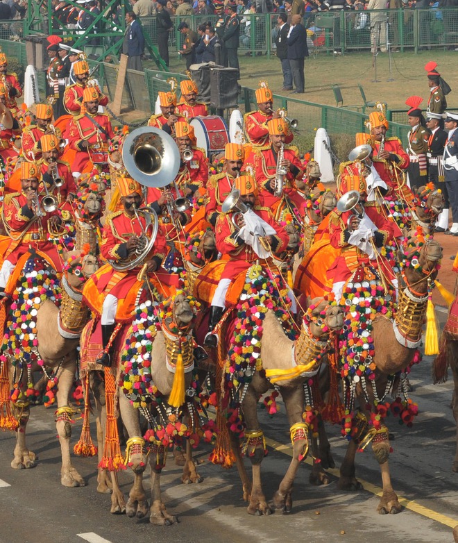 Border Security Force’s camel contingent march down Rajpath during the full dress rehearsal of the Republic Day parade on January 23, 2016
