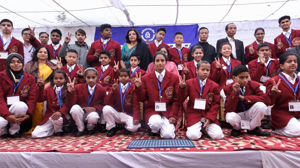 Children, who will be honoured with National Bravery Awards 2016, pose for a group photo during a press conference in New Delhi