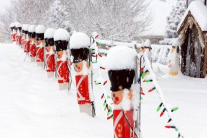 Christmas decorations are seen during a snowstorm in Omaha, Nebraska, on December 24, 2015
