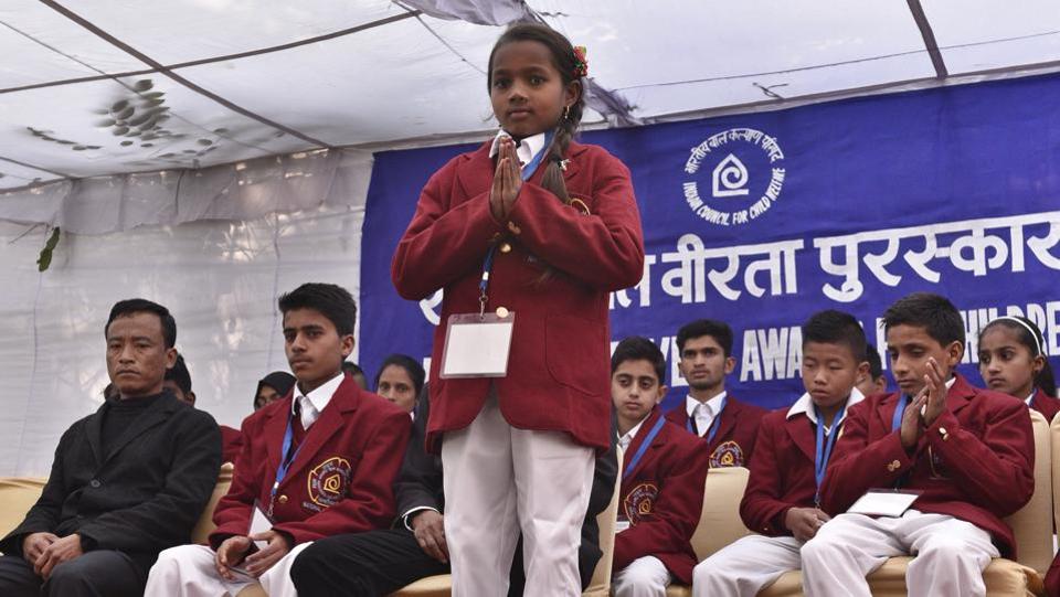 Eight-year-old Kumari Neelam Dhruv from Chhattisgarh won an award for pulling her friend to safety from drowning in a pond at her village