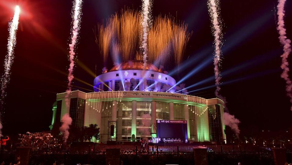 Fireworks at the Navi Mumbai Municipal Corporation headquarters light up the New Year’s Eve in Navi Mumbai