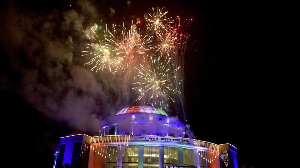 Fireworks at the Navi Mumbai Municipal Corporation headquarters light up the New Year’s Eve in Navi Mumbai