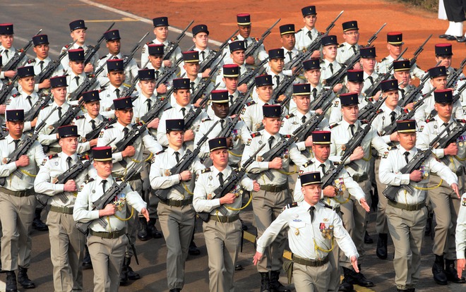 French soldiers march down Rajpath during the full dress rehearsal of the Republic Day parade, in New Delhi on January 23, 2016
