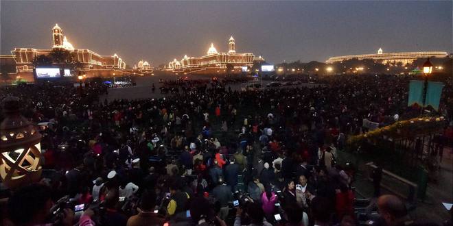 Illuminated Raisina Hill during the Beating Retreat ceremony in New Delhi on January 29, 2016