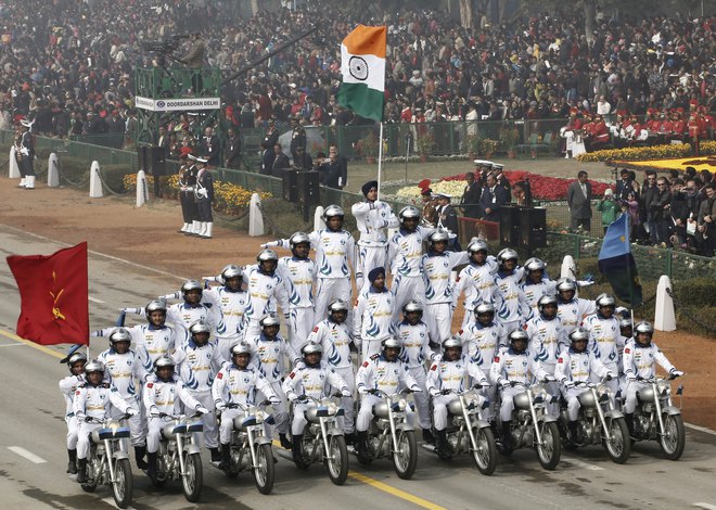 India's BSF "Daredevils" motorcycle riders take part during the Republic Day parade in New Delhi