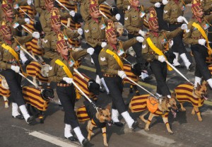 Indian Army's dog squad marches down Rajpath after 26 years during the full dress rehearsal of the Republic Day parade in New Delhi on January 23, 2016