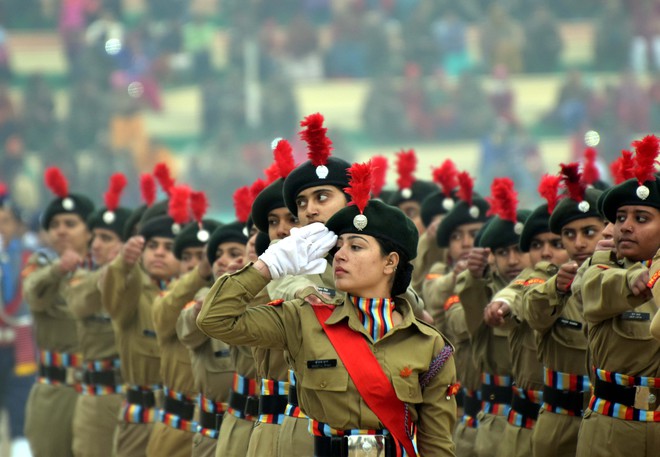 NCC Girls cadets march during the Republic Day parade at MA Stadium in Jammu