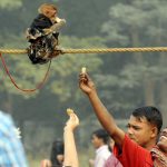 People tease a monkey at Maidan in Kolkata
