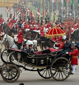 President Pranab Mukherjee arrives on a buggy to attend the Beating Retreat ceremony at Vijay Chowk in New Delhi on January 29, 2016